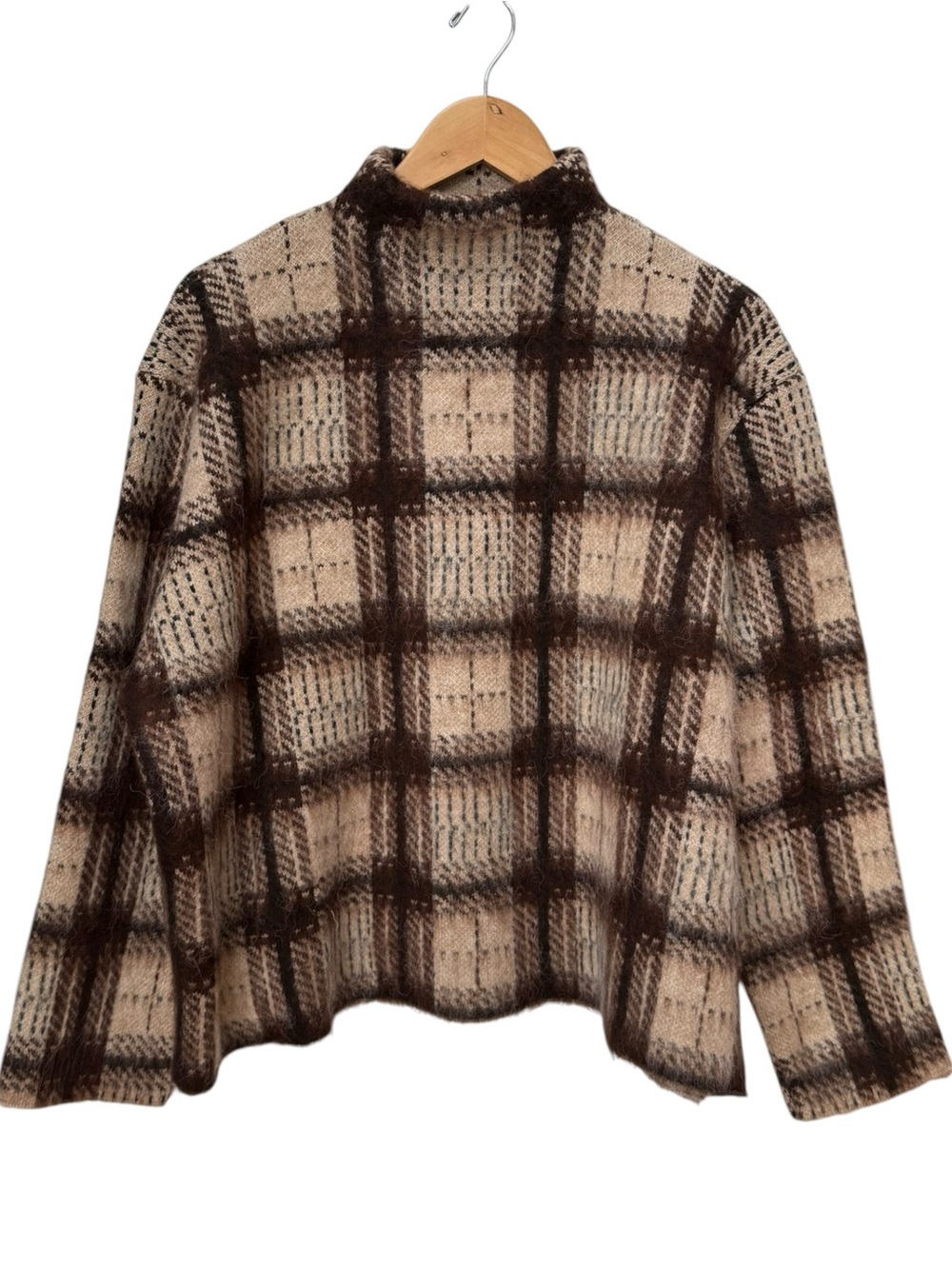ZARA Plaid Mock Neck Sweater Fuzzy Brown Checked Cozy Boxy Pullover. XL. NEW. - Picture 2 of 9